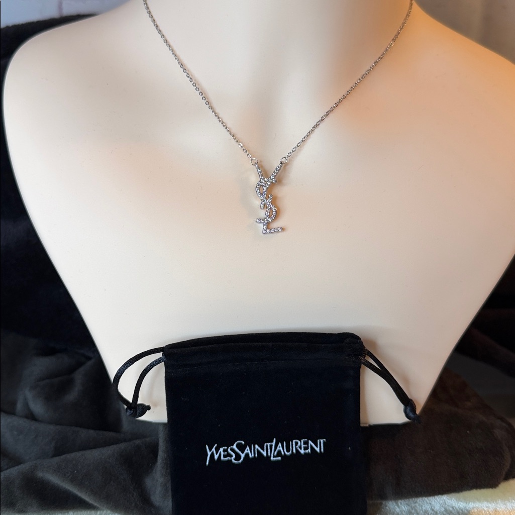 Crystal Ysl Logo Yves Saint Laurent Necklace In Silvertone 16-18”